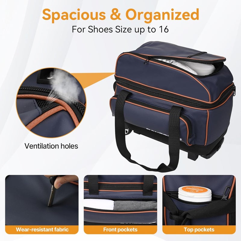 DAUSROOB 2 Ball Bowling Bag with Wheel,900D Oxford Waterproof PU,Dual Roller Bowling Bag with Sturdy Frame,Large Shoe Compartment Fits Up to Men’s 16,Rolling Bowling Tote, Handle Extends to 39.5" - Image 4